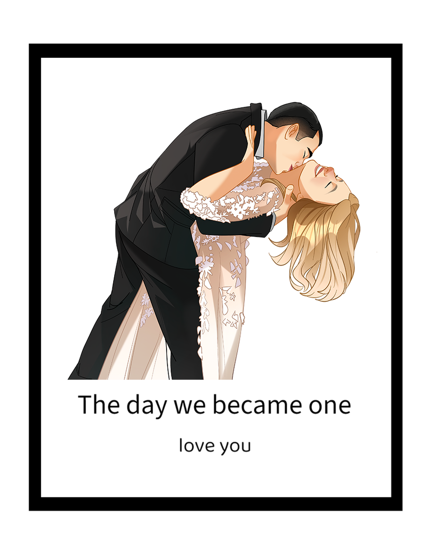 Romantisch kunstwerk van stel gekleed in trouwkleding tijdens dans.