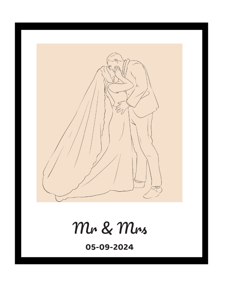 Illustratie van een bruid en bruidegom in omhelzing, met trouwdatum 05-09-2024.