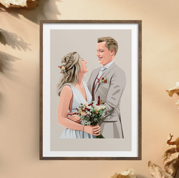 ```Een getekend portret van een lachend echtpaar op hun trouwdag in een lijst.```