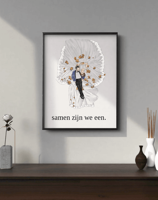 Frame aan muur met illustratie van twee figuren en tekst "samen zijn we een".
