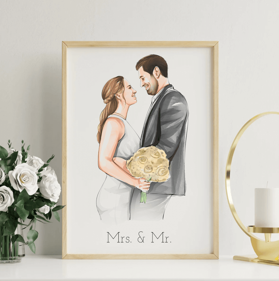 Illustratie van bruid en bruidegom, zij-aan-zij met bloemenboeket en lijst met tekst "Mrs. & Mr.".