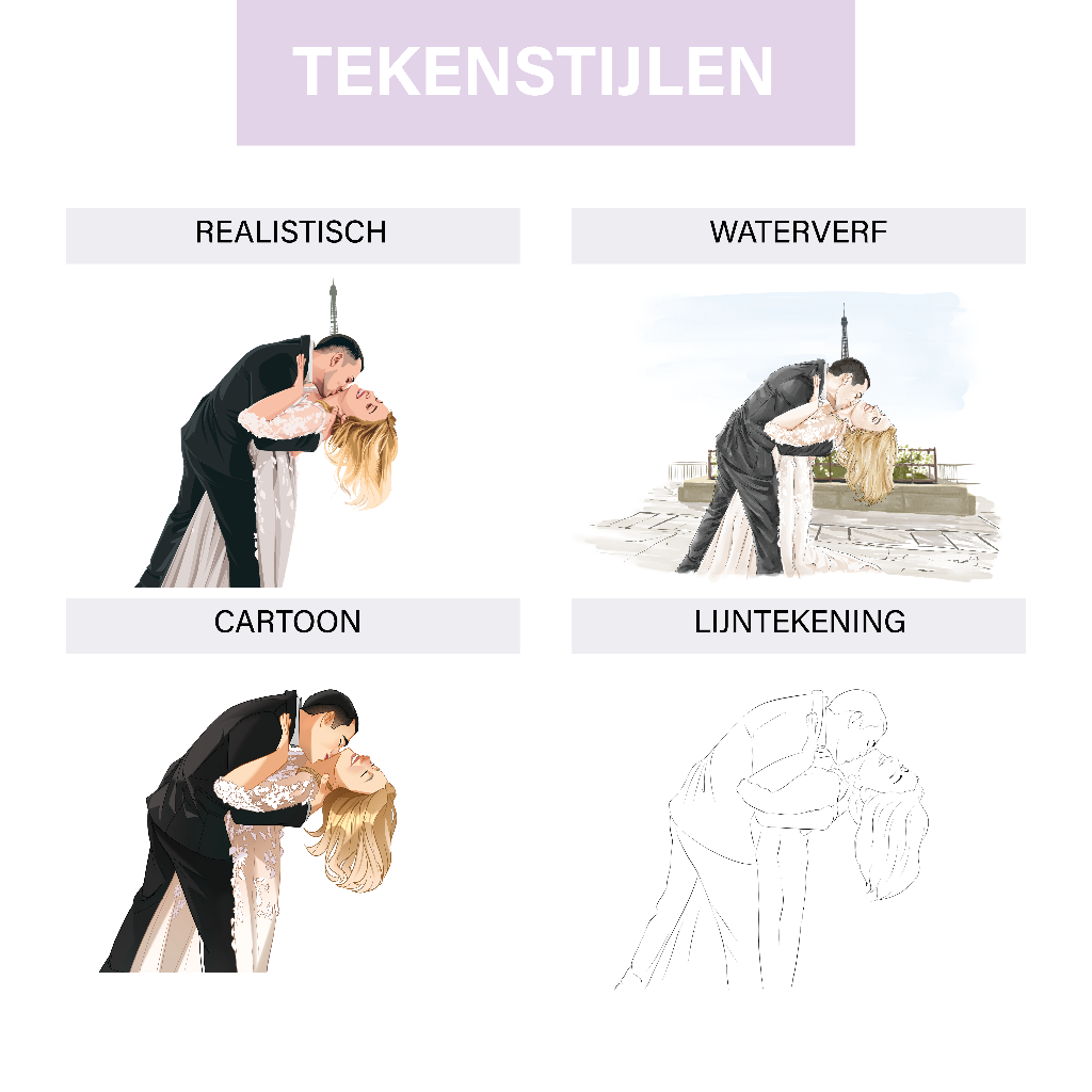 Vier tekenstijlen voor huwelijksfoto's