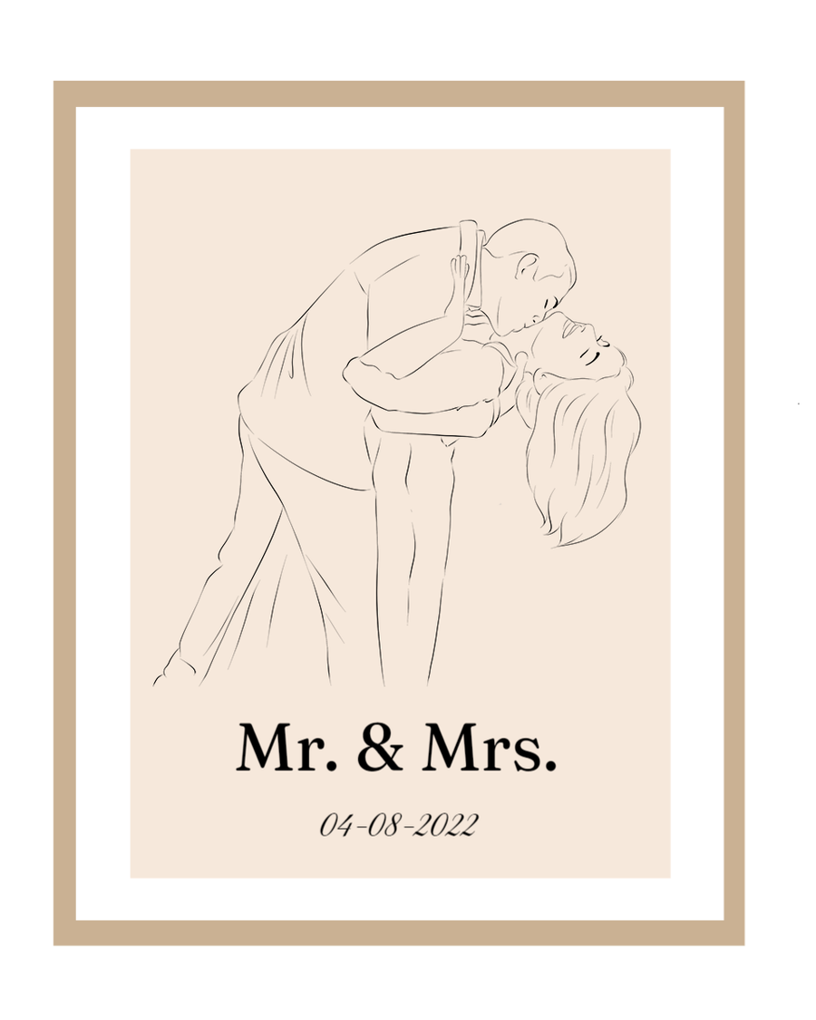Romantische schets van kussend paar met datum, tekst Mr. & Mrs. in lijst.