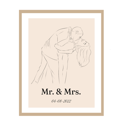 Romantische schets van kussend paar met datum, tekst Mr. & Mrs. in lijst.