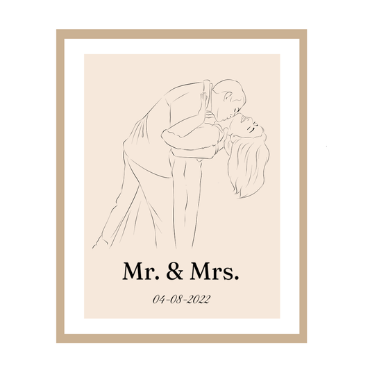 Romantische schets van kussend paar met datum, tekst Mr. & Mrs. in lijst.