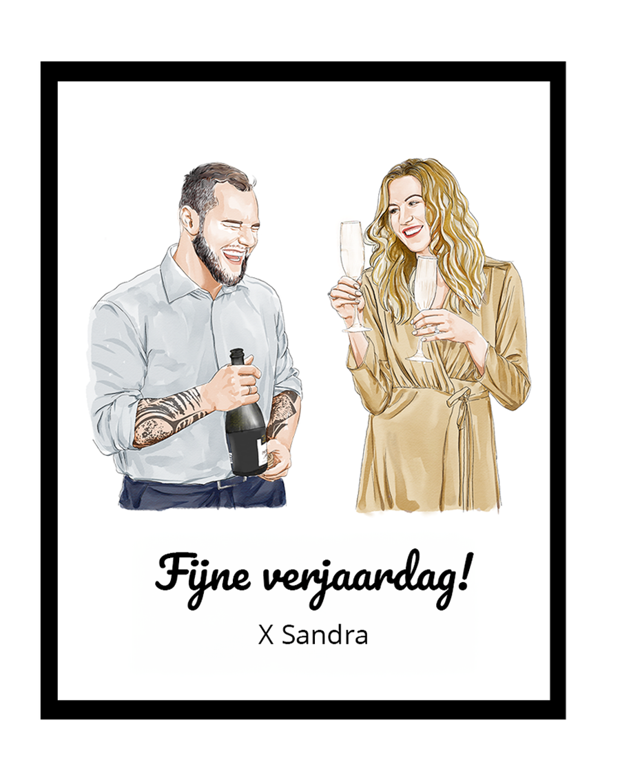 Twee mensen vieren verjaardag met champagneglazen, tekst "Fijne verjaardag!" op de achtergrond.