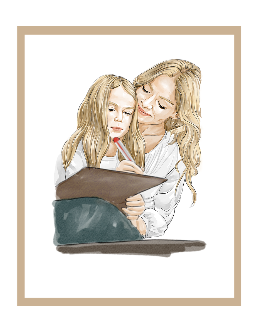 Moeder en dochter tekenen samen met potlood op papier.