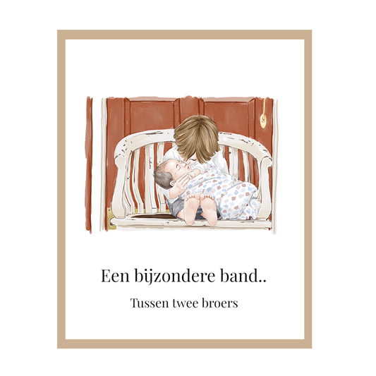 Twee broers op een bankje, ouder kind houdt baby vast.
