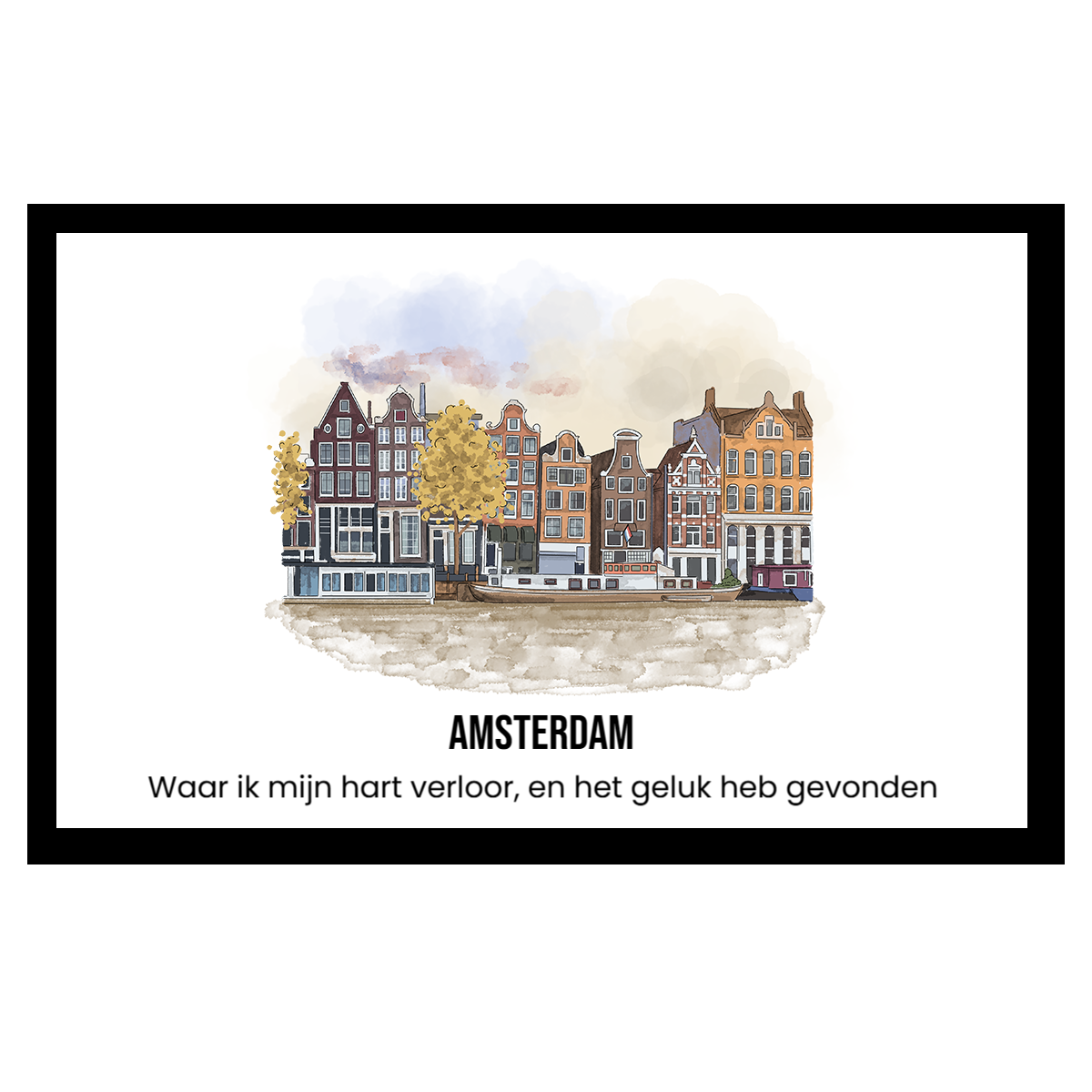 Schilderachtige grachtenpanden in Amsterdam met herfstbomen en blauwe lucht.