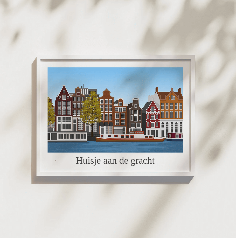Afbeelding van Amsterdamse grachtenhuizen aan het water in lijst.