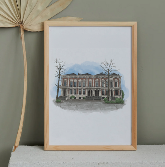 Schilderij met een houten frame, afgebeeld is een historisch gebouw met bomen op de voorgrond.